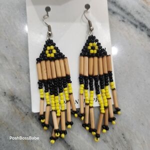 Handmade Nicaraguan Beaded Fringe Earrings Black Yellow Tribal 3"